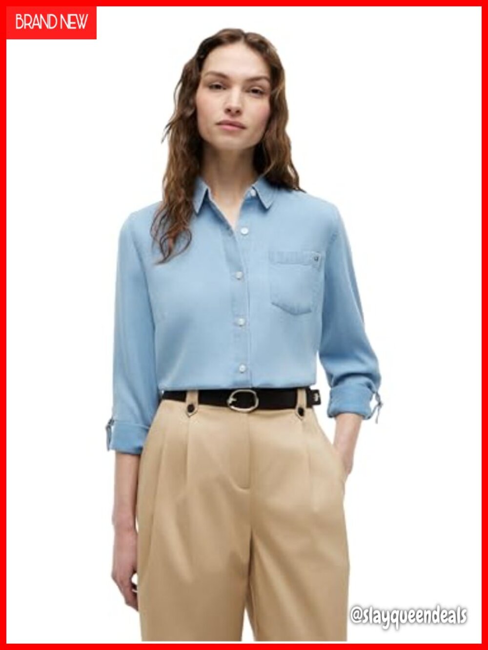 Lightweight Denim Long Sleeve Button Down Shirt with Roll Up Sleeves